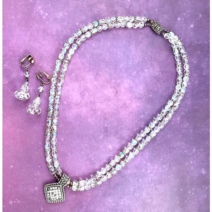 Midcentury Cocktail Party AB Crystal Bead Necklace/Pendant & Clip-on Earrings